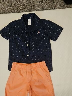 Carter's Navy Polka Dot Button-Down Shirt with Pink Anchor